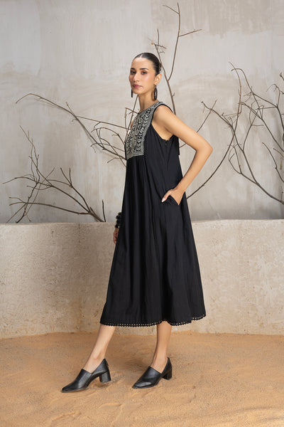 BLACK YOKE COTTON EMBROIDERED DRESS (1 PC)