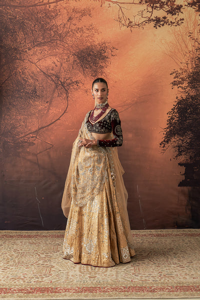 GOLD SILK TISSUE PRINTED & EMB. LEHENGA SET (EVO-07) (4 PCS)