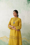 LIME GREEN THIN CHANDERI MULTICOLOUR KASHMIRI EMB. BACK SLIT KURTA SET (3 PCS)