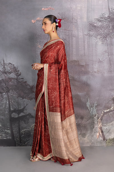 MAROON MATKA TUSSOR DISCHARGE PRINT SAREE (1 PC)