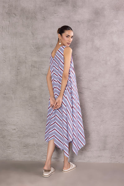 WHITE COTTON STRIPE PRINTED HANKERCHIEF DRESS