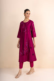 MAGENTA STRIPE DUPION PRINTED & EMBROIDERED ANGRAKHA KURTA SET (2 PCS)