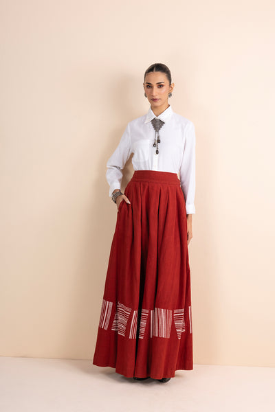 WHITE COTTON FLAX SHIRT WITH RED HANDWOVEN COTTON PLEATED & BLOCK PRINTED SKIRT (2 PCS)