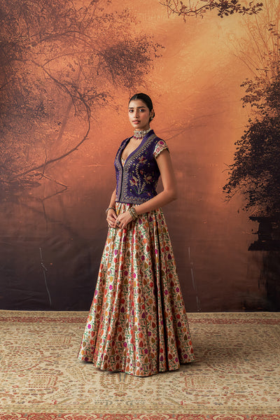 MULTICOLOUR KIMKHWA BORCADE EMB. LEHENGA SET(EVO-05) (5 PCS)