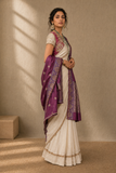 Ivory Shimmer Saree with Royal Purple Banarasi Dupatta (4 PCS)