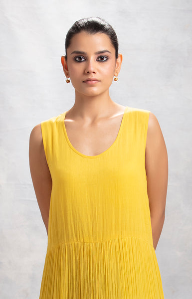 Yellow Cotton Mulmul Tiered Dress (LW-17/DRS)