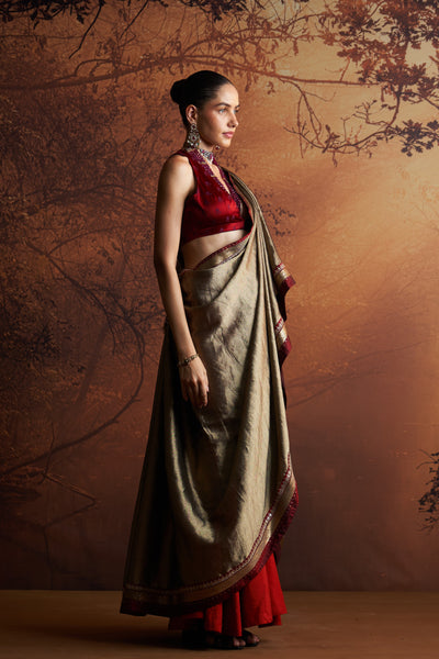 GOLDEN STRIPE TISSUE TIKKI EMBROIDERED SAREE WITH UNSTITCHES MAROON BLOUSE (CHHAVI-30)