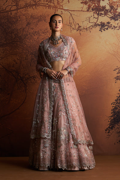 SALMON PINK EMBROIDERED DOUBLE LAYER LEHNGA PAIRED WITH SCALLOP EMBROIDERED VEIL AND DUPATTA  ( WD-06/LEH, WD-06A/BLS, WD-06B/DUP)