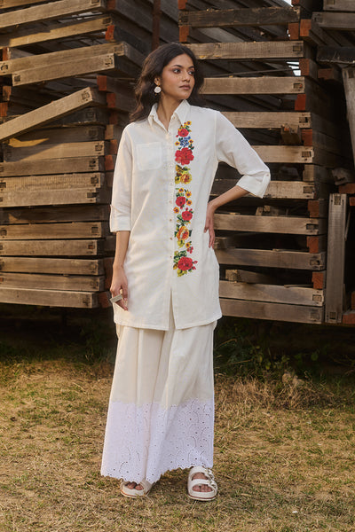 IVORY LINEN FLORAL EMBROIDERED SHIRT STYLE TUNIC&nbsp; (CM-05B/TNC)