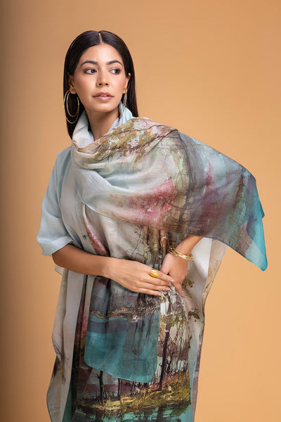LIGHT BLUE CHANDERI PRINTED STOLE (1 PC)