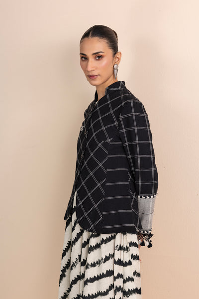 BLACK CHECK HANDWOVEN COTTON TRIPLE LAYERED SHORT JACKET (1 PC)