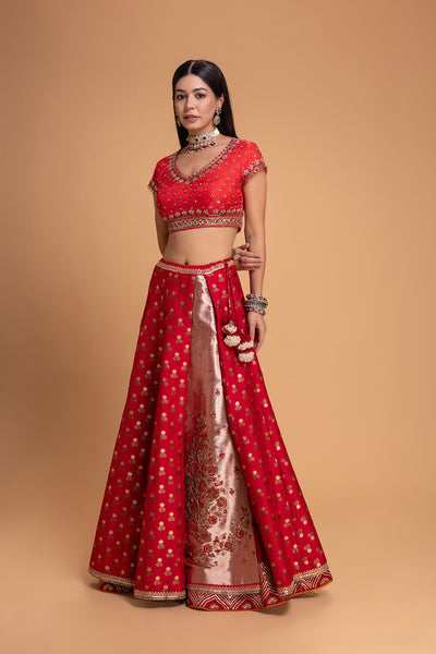 RED BROCADE LEHENGA SET (3 PCS)