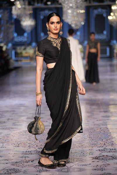 BLACK DRAPED EMBROIDERED SAREE SET (3 PCS)