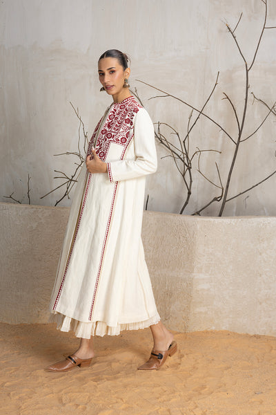 IVORY & RED LINEN EMBROIDERED JACKET (1 PC)