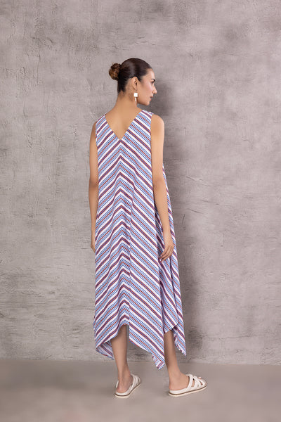 WHITE COTTON STRIPE PRINTED HANKERCHIEF DRESS