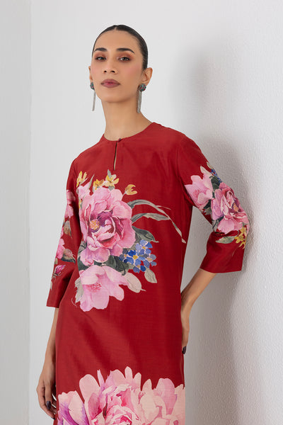 POPPY BLAZE SILK CHANDERI CHINA ROSE PRINTED TUNIC (1 PC)