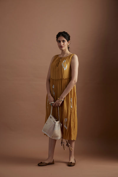 MUSTARD FOIL PRINTED SILK MUMUL TIERED DRESS (1 PC)