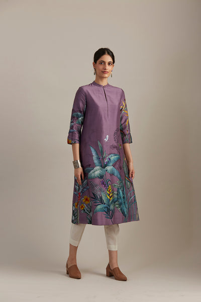 Lilac silk chanderi tunic, adorned with  forest print (SV-01/KUR)