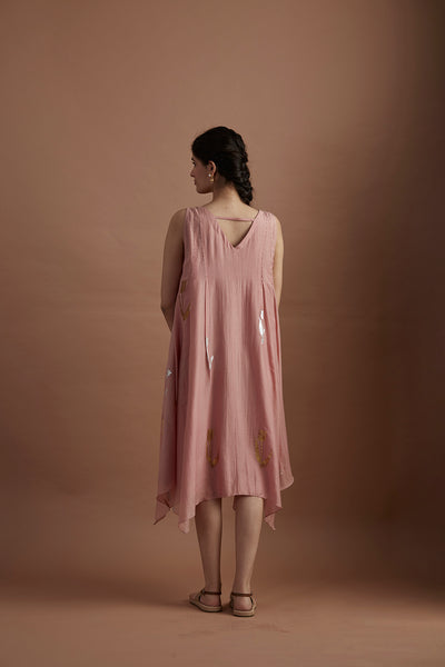 Blush silk mulmul foil printed & pleated asymmetric dress (veg-16/tnc)