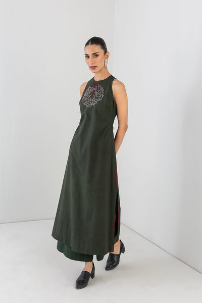 MOSS GREEN MELANGE DRESS PAIRED WITH MOSS GREEN PANTS (2 PCS)