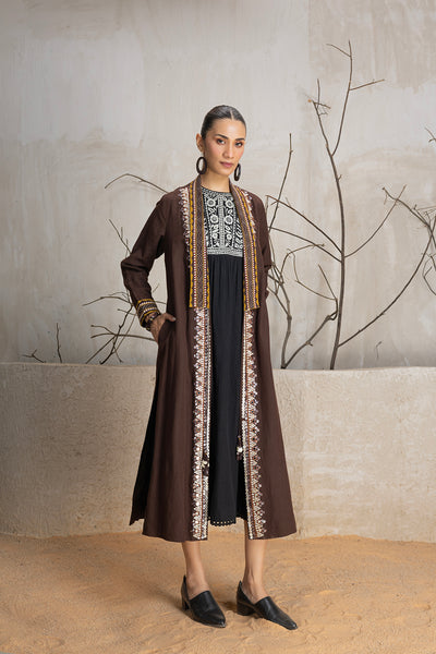 BROWN LINEN EMBROIDERED JACKET (1 PC)