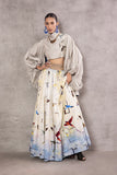 ASH GREY SILK DUPION TOP PAIRED WITH BLUE & GREY OMBRE BIRD PRINTED SILK DUPION WRAP SKIRT (AJP-03)