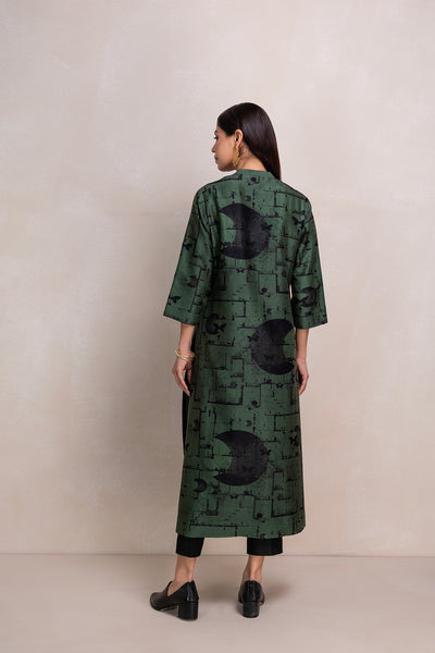 MILITARY GREEN SILK CHANDERI PRINTED TUNIC (1 PC)