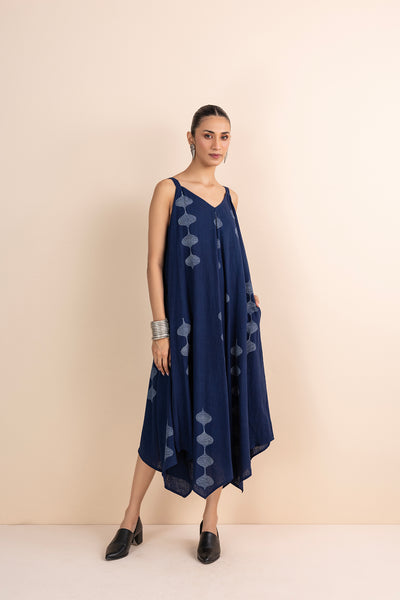 BLUE HANDWOVEN COTTON BLOCK PRINTED DRESS (1 PC)