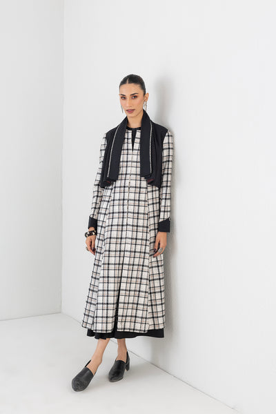 BLACK & WHITE CHEQUERED LONG WOOLEN TRENCH COAT (1 PC)