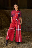 RED ASYMMETRIC CHECK COTTON JUMPSUIT (CM-14/TNC)