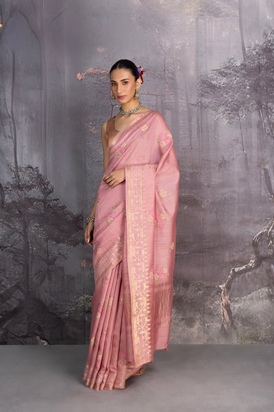 OLD ROSE TUSSOR GEORGETTE EMBROIDERED SAREE (1 PC)