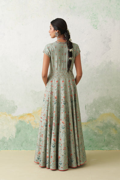 AQUA DUPION PRINTED & EMB. ANARKALI SET (2 PCS)