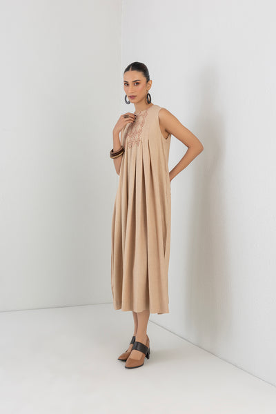 BEIGE BOX PLEATED WOOLEN EMBROIDERED DRESS (1 PC)