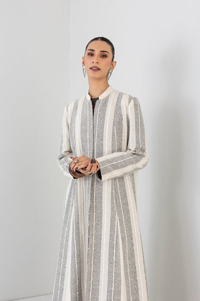 GREY & ECRU WOOLEN TEXTURED STRIPED LONG JACKET (1 PC)