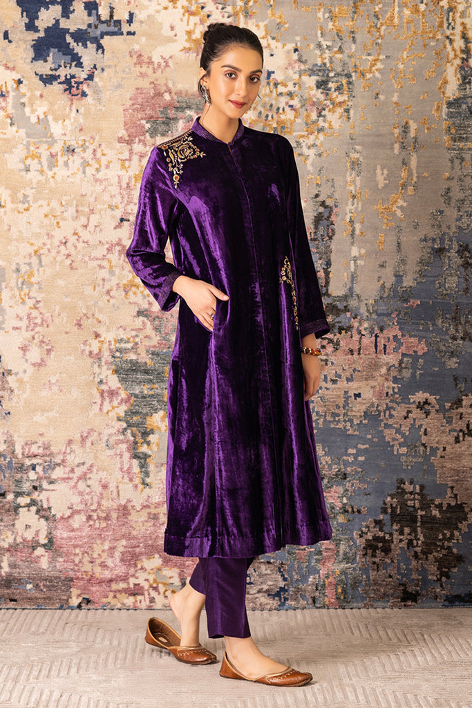 Purple Velvet Embroidered Kurta Set (Vt-01) Anju Modi Purple Velvet Embroidered Kurta Set (Vt-01) Anju Modi