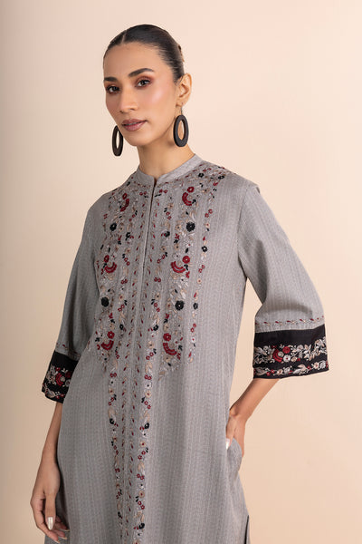 BEIGE & BLACK PRINTED & EMBROIDERED KURTA SET (2 PCS)