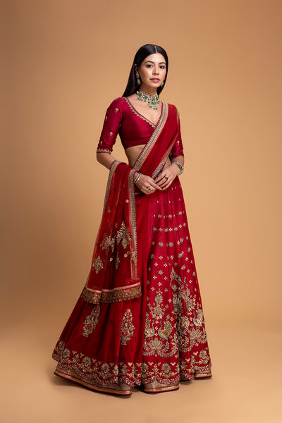 RED MUSHROO EMB LEHENGA SET (3 PCS)