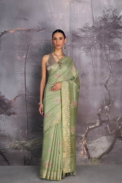 PISTA GREEN TUSSOR GEORGETTE SAREE (1 PC)