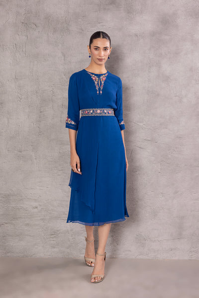 BLUE CHIFFION EMBROIDERED TUNIC WITH BELT (EM-07)