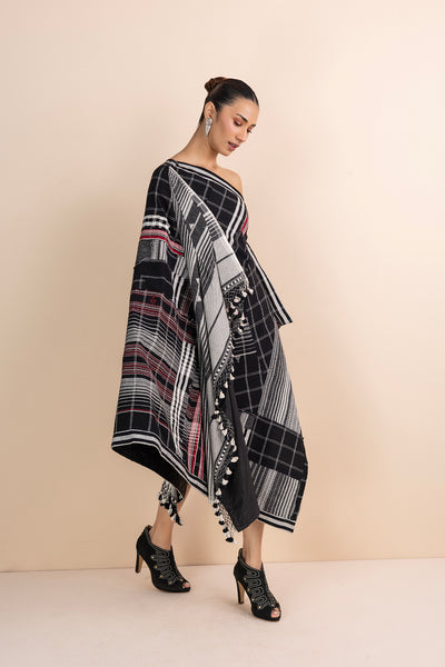 BLACK HANDWOVEN COTTON PATCHWORK DRAPED DRESS (1 PC)