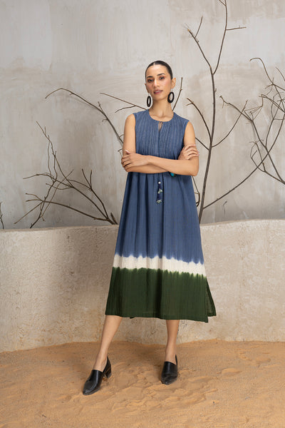 INDIGO BLUE & GREEN TIE & DYE COTTON DRESS (1 PC)