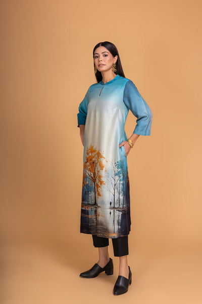 BLUE SILK CHANDERI DAWN PRINTED SHIRT (1 PC)