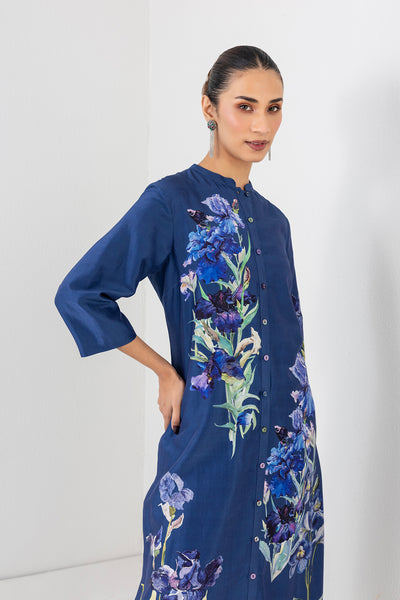 MIDNIGHT INDIGO SILK CHANDERI FLORAL PRINTED TUNIC (1 PC)