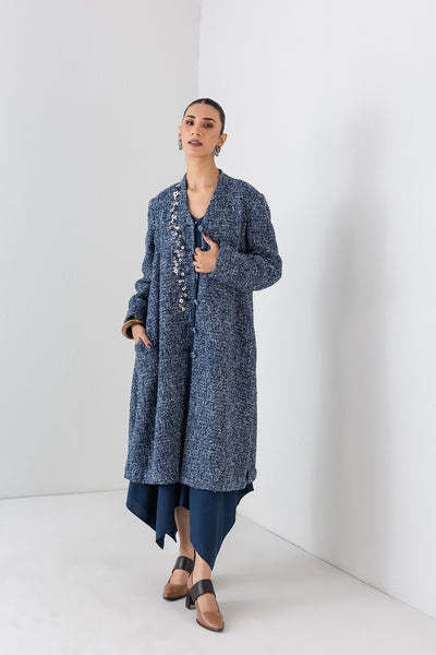 BLUE WOOLEN TEXTURED LONG JACKET (1 PC)