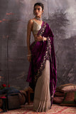 BROWN CRUSH ORGANZA TISSUE & PURPLE VELVET EMBROIDERED SAREE SET (4 PCS)