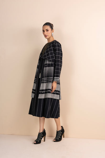 BLACK CHECK HANDWOVEN COTTON TRIPLE LAYERED LONG JACKET (1 PC)