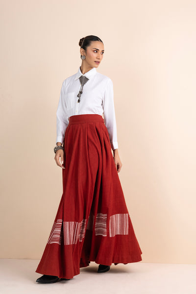 WHITE COTTON FLAX SHIRT WITH RED HANDWOVEN COTTON PLEATED & BLOCK PRINTED SKIRT (2 PCS)