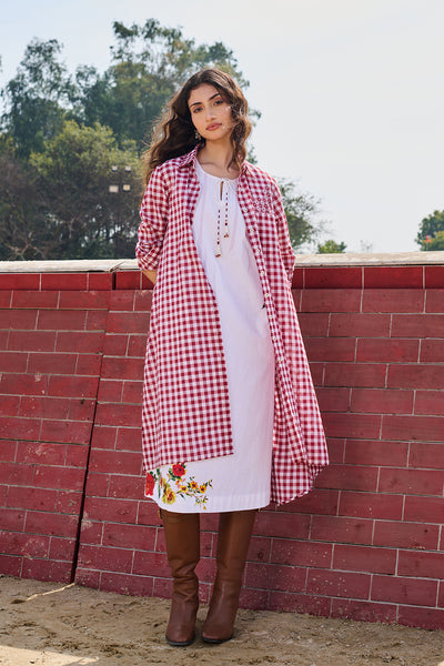 RED AND WHITE CHECK COTTON FRONT OPEN DRESS (CM-19/DRS)