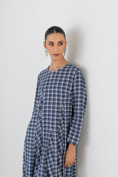 BLUE CHEQUERED WOOLEN GODET PANELS DRESS (1 PC)