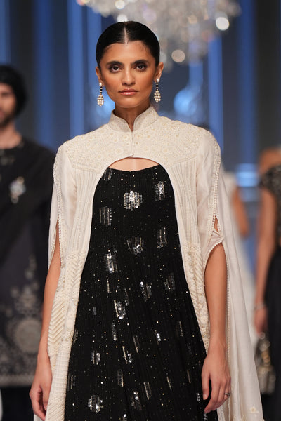 BLACK SEQUIN GEORGETTE CORSET DRESS PAIRED WITH IVORY CHIKANKARI GEORGETTE EMBROIDERED JACKET (2 PCS)